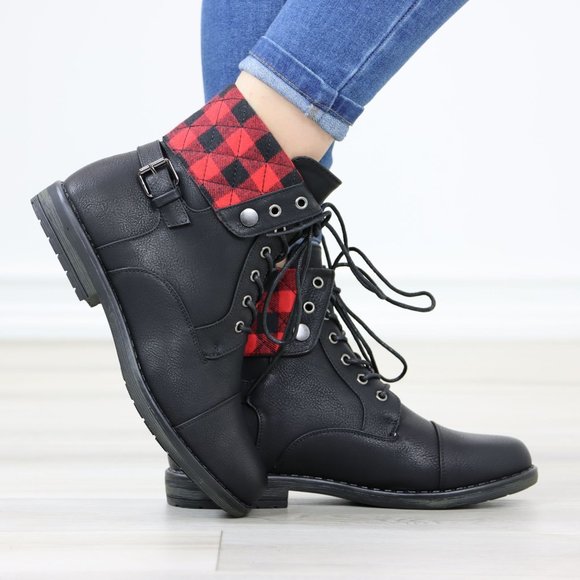 Buffalo Red Black Plaid Combat Ankles Boots Black Faux Leather - Picture 7 of 12